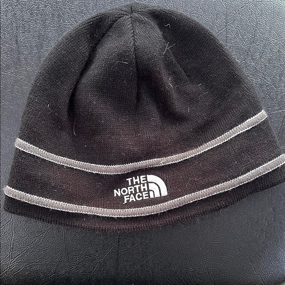 The North Face Black Knit Hat with Gray Stripes